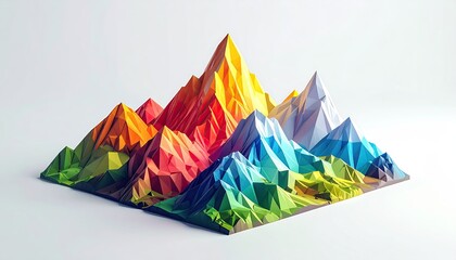 Geometric, colorful low-poly mountains on a white, clean background