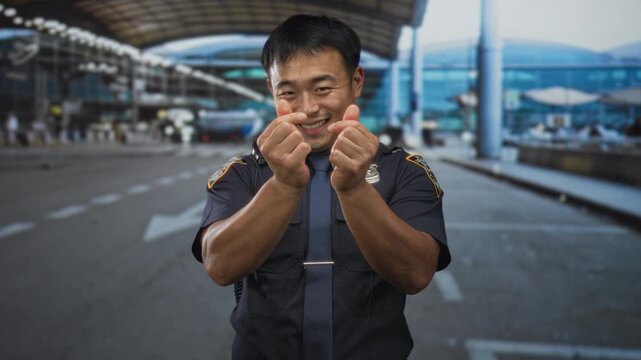 Man in police uniform smiles and forms finger heart gesture with both hands at airport terminal; friendship.
