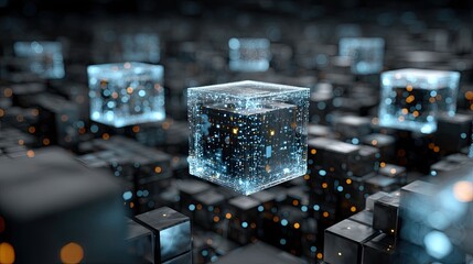 Cinematic Sci-Fi Server Room: Floating Blue Digital Cubes and Information Streams Background