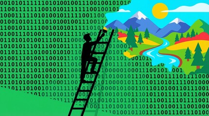 Person climbing ladder to serene natural landscape from digital binary code background
