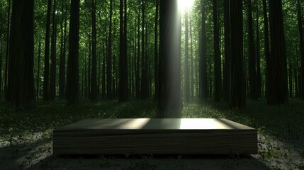 A wooden platform in a forest with sunlight filtering through the trees.