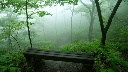 A wooden bench sits in the middle of a forest, surrounded by lush greenery and foggy trees.