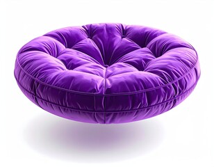 A plush, floating, circular purple cushion with quilted, tufted sections