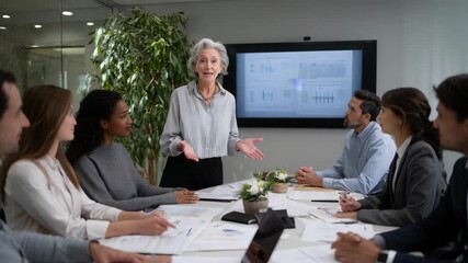 Engaging Business Meeting with a Female Presenter Discussing Data Insights in a Modern Conference