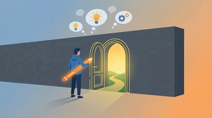 Man holding giant pencil unlocking door to new ideas and opportunities