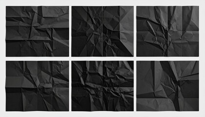 Six squares of darkly crumpled paper, each with unique folds and shadows