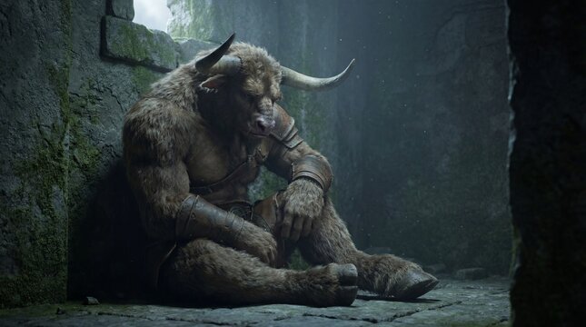 A mythical creature, half-man, half-bull, sits dejectedly within a shadowy stone chamber, the soft light emphasizes the sadness in his eyes.