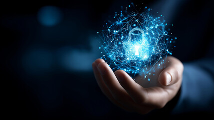 Network security and personal data protection, data encryption visualization, privacy safeguards, secure information transfer imagery, with copy space