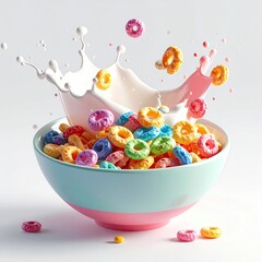 Bowl of colorful, ring-shaped cereal with a milk splash, studio lighting