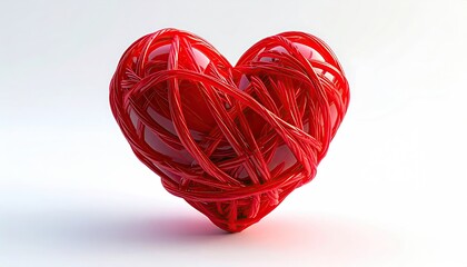 Rendered red heart shape, constructed with intertwined shiny strands