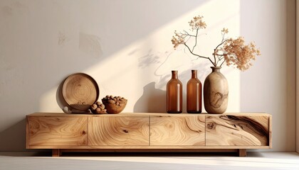 Wooden console table adorned with decor under warm sunlight