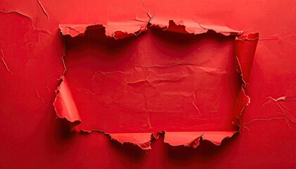 Torn red paper reveals a textured inner surface within a rectangular frame