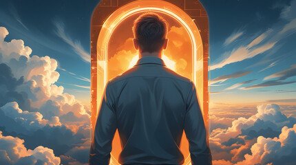 Digital Artwork of Man Facing Glowing Orange Portal in Vast Cloud Landscape, Concept of Branding Identity, AI-Driven Creativity, Strategic Decision Making, Education and Future Design, Color Change Op