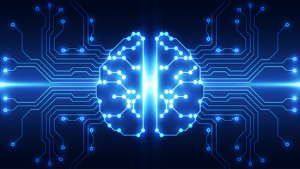 Artificial Intelligence Concept Background: Digital Brain with Glowing Blue Circuit Board Lines