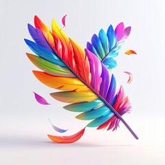 A vibrant, rainbow-colored feather with detached floating bits