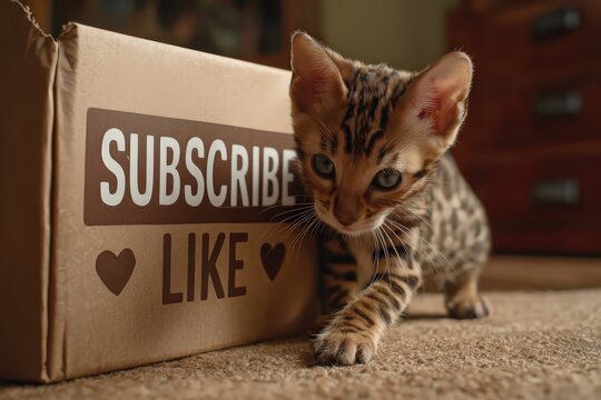 Un gatito atigrado se asoma t&iacute;midamente detr&aacute;s de una caja con un mensaje de suscripci&oacute;n.