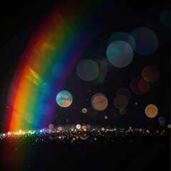 A bright rainbow arcs over a sea of glowing orbs against a dark background