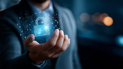 Prioritizing user privacy and data protection, focus on encryption and internet network security, safeguarding personal data from cyber intrusions, with copy space