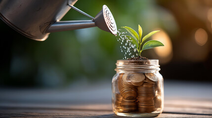 Watering can sprinkling money on plant in jar of coins, financial growth metaphor, investment cultivation concept, wealth building visualization, with copy space