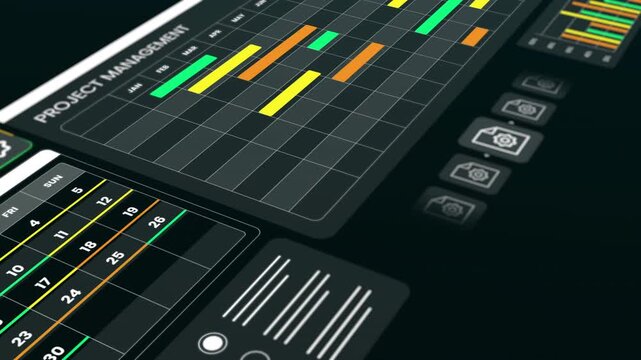 Perspective view of a dark themed project management interface with grid lines and multiple task tracking windows.