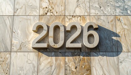 Close up of the year 2026 carved into a polished marble wall panel with elegant shadows and high quality architectural building finish details