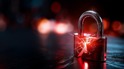 Hacker attack security alert visualization, system hacked concept with red broken padlock, internet cyber attack imagery, compromised password warning, with copy space