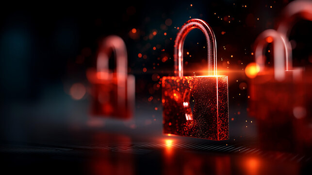 Red padlocks floating in digital environment, cybersecurity breach representation, data protection concept in futuristic cyber space, security warning visualization, with copy space - Powered by Adobe