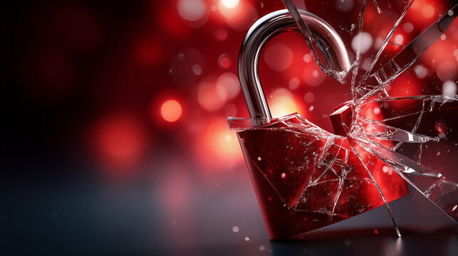 Hacker attack security alert visualization, system hacked concept with red broken padlock, internet cyber attack imagery, compromised password warning, with copy space - Powered by Adobe