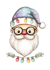 Cute Santa Claus Character Portrait Wearing Glasses and Festive Hat with Christmas Lights