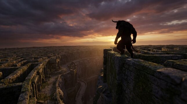 A mythical minotaur, a towering figure of strength and mystery, stands silhouetted against a dramatic sunset. The creature overlooks an ancient labyrinth.