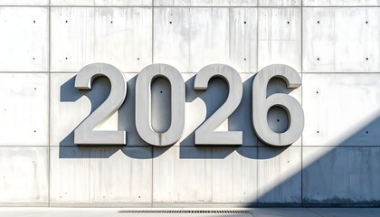 Modern architectural concrete wall featuring the year 2026 in bold 3D numbers with dramatic shadows under bright daylight for urban concept
