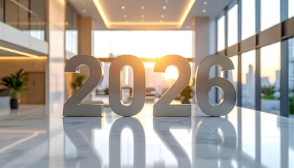 Luxury corporate lobby at sunset featuring large 3D year 2026 numbers on a marble floor with golden sunset light in background windows