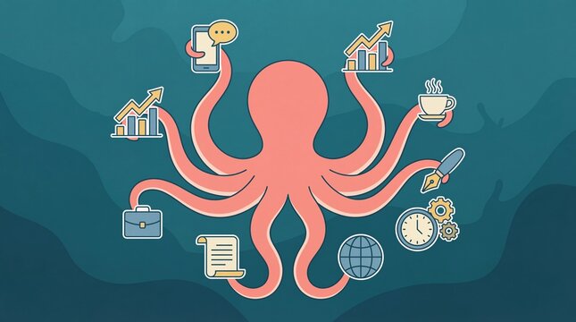 Multitasking octopus juggling business tasks with ease and efficiency