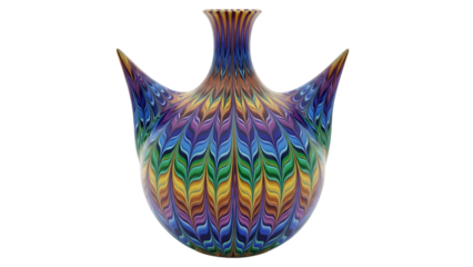 Colorful abstract glass vase with intricate swirling patterns isolated on a transparent background multicolored