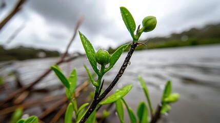 A close-up view of a plant with green leaves and a few unopened buds, set against a blurred background of a body of water and trees.