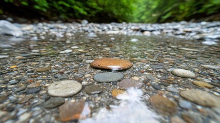 A shallow stream with rocks and pebbles in the water.