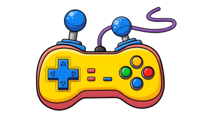 Colorful game controller with blue joysticks and multicolored buttons isolated on a transparent background