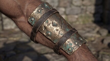 A close-up captures a detailed bronze bracer, showcasing a warrior's accessory, its rugged texture hinting at historical battles and strength.
