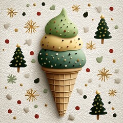 Christmas Ice Cream Cone with Green Soft Serve Scoops and Festive Tree Pattern Background