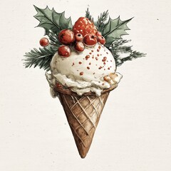 Christmas Ice Cream Cone with Vanilla Scoop Winter Berries and Holly Leaves Illustration