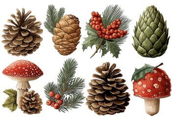 Christmas Dessert Illustration with Waffle Cones Red Holly Berries and Pine Branches