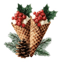 Christmas Dessert Illustration with Waffle Cones Red Holly Berries and Pine Branches