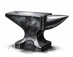 A detailed grayscale illustration of a classic blacksmith's anvil, aged and worn