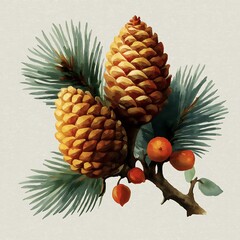Christmas Botanical Illustration with Pine Cones Fir Branches and Red Winter Berries