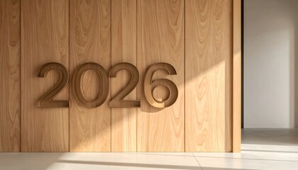 Realistic interior design scene featuring 2026 engraved into a light wood paneled wall with soft natural sunlight and minimalist shadows