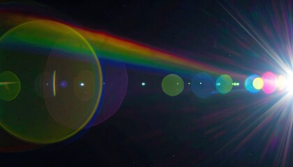 Bright lens flare with rainbow refraction against a dark, starry backdrop