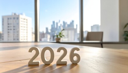 Lifestyle scene showing 2026 as matte white ceramic numbers placed on a wooden desk in a bright office overlooking a city skyline
