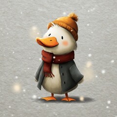 Cute Duckling Character Wearing a Beanie Scarf and Coat in Winter Snowfall Illustration