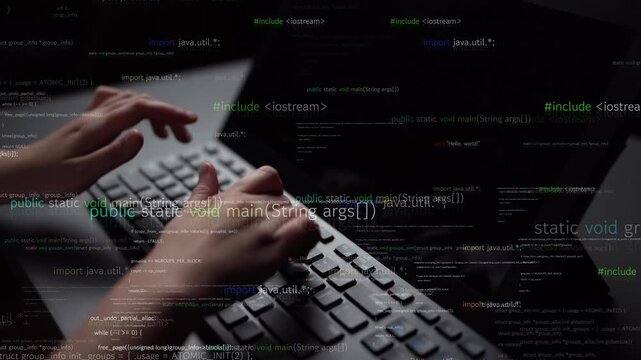 A close-up view of hands typing on a laptop keyboard, surrounded by programming syntax and lines of code on a dark background, representing technology and coding. Xenic