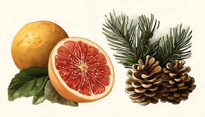Christmas Still Life with Sliced Grapefruit Pine Cones and Fir Branches on White Background